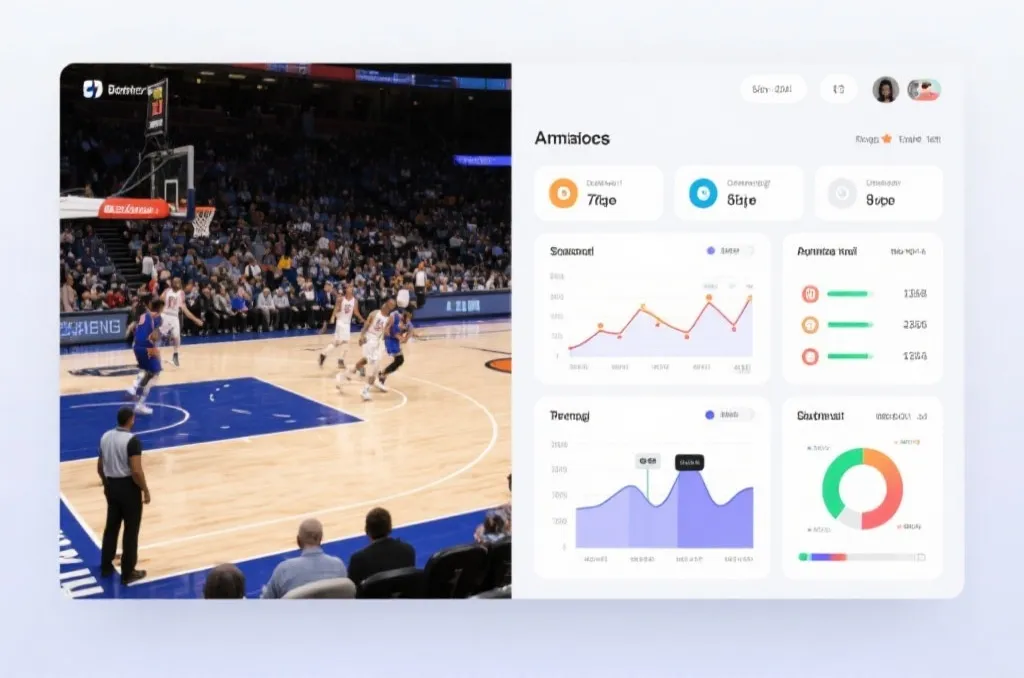 A split-screen view showing a dynamic basketball game on one side and a detailed statistical dashboard with charts on the other side, clean and modern UI.
