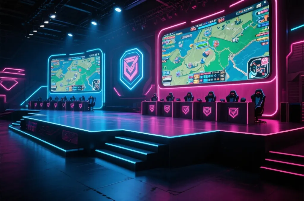 A clean and modern sports arena with screens showing generic analytical gaming statistics